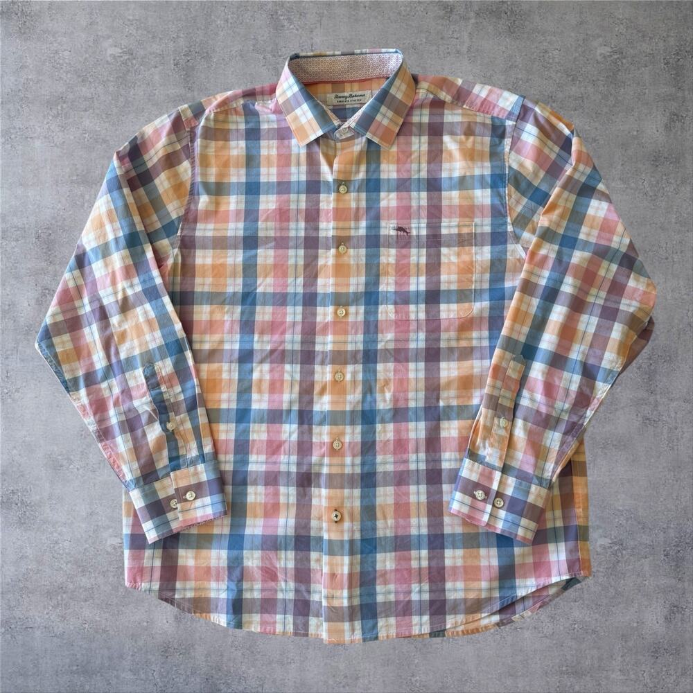 Tommy Bahama Sarasota Stretch Shirt Mens L Large Plaid Coolmax Long Sleeve